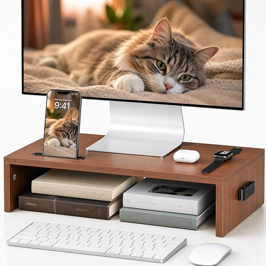 BONTEC Monitor Stand Riser with Cellphone Holder & Cable Management | 16.7 Inch Wood Monitor Riser Stand, Desktop Stand for PC/TV/Laptop/Printer, Walnut