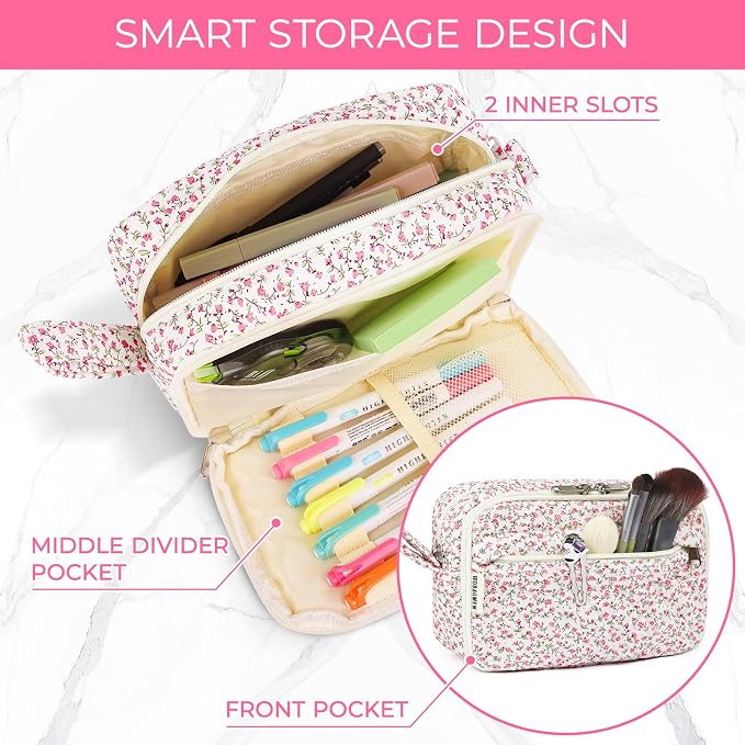 WOBAGMEN Quilted Pencil Pouch, Pink Floral, Girls Women | Large, Compartments, Cute Aesthetic, Organizer, School Supplies