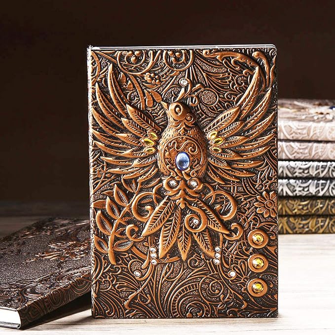 Vintage 3D Phoenix Embossed Leather Writing Journal with Golden Pen Set,A5,200Pages,Antique Handmade Daily Notepad Sketchbook,Travel Diary&Notebook to Write in,for Women Men (Red Bronze)