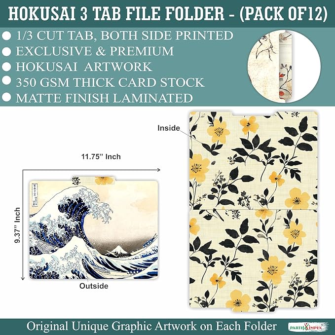 PARTH IMPEX 12 Pack Hokusai Decorative File Folders, 1/3 Cut Tab | with Assorted Positions, Letter Size Paper Holders (9.75” x 11.75”) Matte Finish Laminated for Office School Work