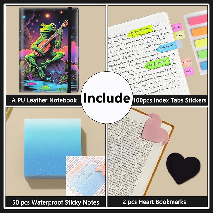 A5 Leather Lined Journal Notebook, 200 Pages Hardcover Executive Notebook for Men Women Office School Note Taking, Thick Writing Paper Daily Journal with Bookmarks/Indexes, Watercolor Frog