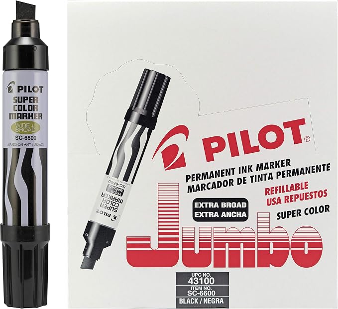 Pilot Super Color Jumbo Refillable Permanent Markers, Black Ink, Jumbo Permanent Markers, 12-Pack