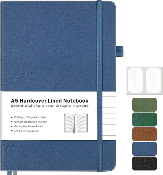 College Ruled Notebook, Hardcover Leather Journal for Women Men, A5, Lined | No Bleed Thick Paper for Smooth Writing, Lay Flat, A5 Portable Size for Work, School, and Travel, Professional Business Style