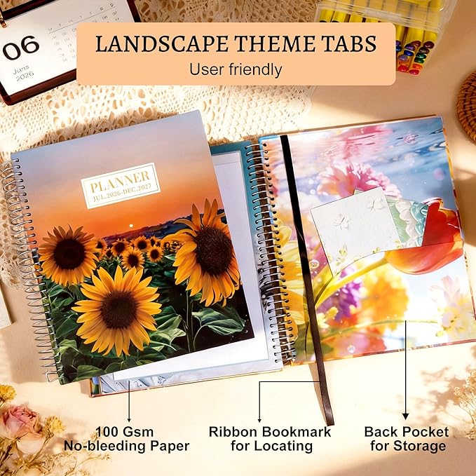 CAGIE Planner 2026-2027 18 Month July 2026-Dec 2027 Hourly Daily Calendar Weekly Monthly Planners Hardcover Large Yearly Agenda with Stickers Tabs for Women Work Mom, 8.5 x 11, Sunflower