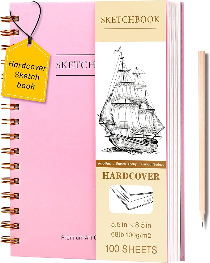 Yoment 5.5" x 8.5" Sketch Book Small Sketchbook for Drawing 100 Sheets Hardcover Spiral Sketch Pad for Kids(68lb/100gsm) Art Sketchbook Drawing Blank Paper Book for Beginner Artist with Pencil Pink