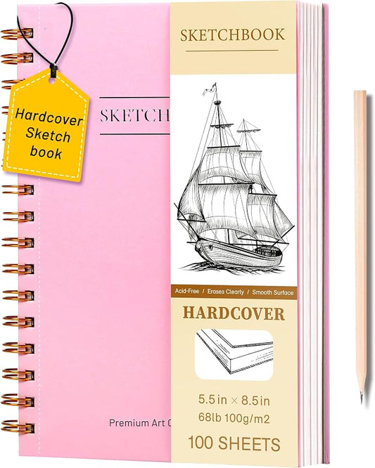Yoment 5.5" x 8.5" Sketch Book Small Sketchbook for Drawing 100 Sheets Hardcover Spiral Sketch Pad for Kids(68lb/100gsm) Art Sketchbook Drawing Blank Paper Book for Beginner Artist with Pencil Pink