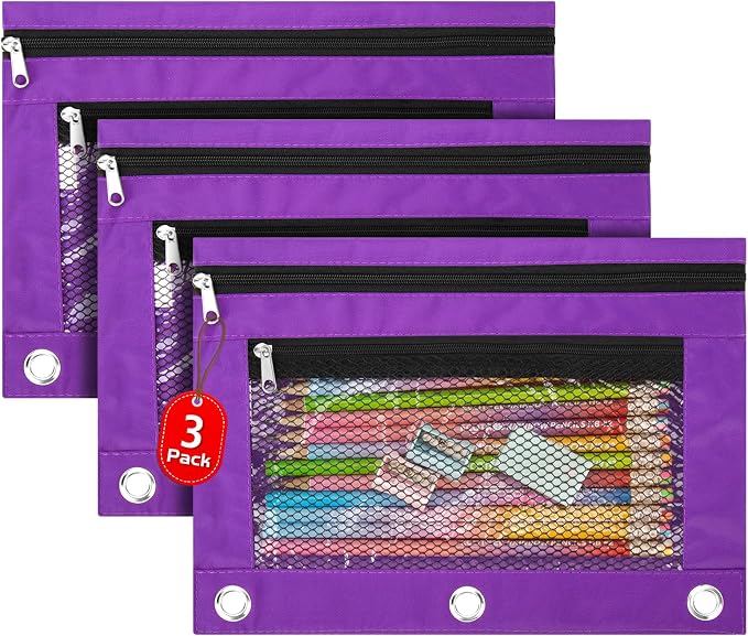 3 Pack Pencil Pouch for 3 Ring Binder Bulk Binder Pouch with Zipper for Classroom Box Pencil Case for Storing School Students Teacher Supplies,Purple