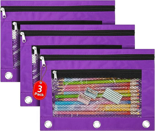 3 Pack Pencil Pouch for 3 Ring Binder Bulk Binder Pouch with Zipper for Classroom Box Pencil Case for Storing School Students Teacher Supplies,Purple