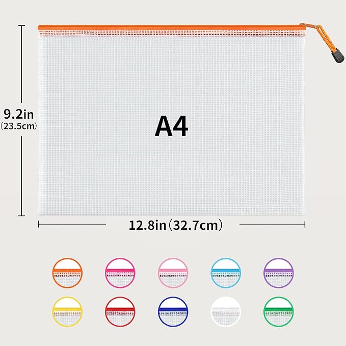 JARLINK A4 Mesh Zipper Pouch Bags, 30 Pcs Waterproof Zipper Pouch Bags | Multi-use Mesh Bags for Board Games & Puzzles, Office School Supplies, Toys, Cosmetics Travel Storage, 10 Colors, Lettle Size