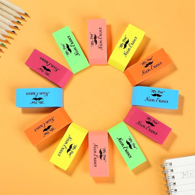 Mr. Pen- Pencil Eraser, 24 Pack, Neon Colors | Large Latex Free Block Erasers Bulk for School, Office, Art Sketching, Homework, Exams, Clean Smudge-Free Correction