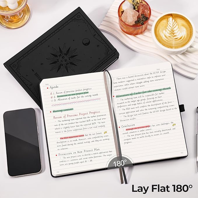 EMSHOI Lined Journal Notebook, 320 Numbered Pages, A5 Size (5.7'' x 8.3'') | Leather Hardcover, 100 GSM Thick Paper, for Women & Men, Journaling, Writing, Work & Office, Sun Debossed (Black)