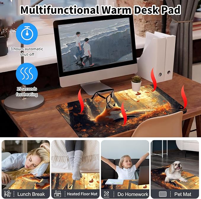 Heated Desk Pad Mouse Pad,Heated Desk Mat,with 3 Heating Levels & 3 Hours Auto Shut-Off,Leather 23.6"*14.2" Gaming Mouse Laptop Mat,Foot Warmer,Cute Fox Forest