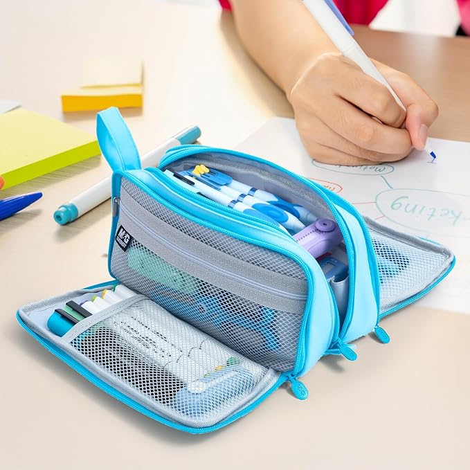 M&G Large Pencil Case, Big Capacity Pencil Pouch with 3-layer Compartment, Portable Handheld Pencil Bag, Cute School Stationery Organizer for Boys Girls Men Women, Ideal for Office School,Blue