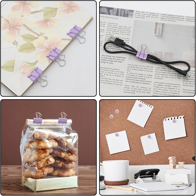 Office Supplies Set, Paper Clips, Push Pins and Binder Clips Set with Box for Office, School and Home(Light Purple)