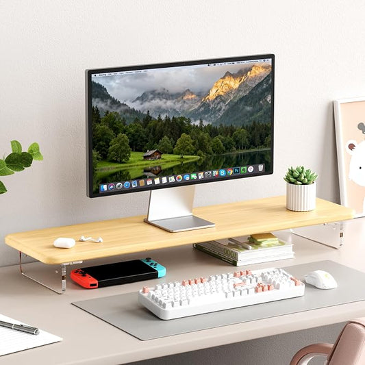 AFOOYO Bamboo Monitor Stand Riser, 31.5 In Computer Riser Desk Organizer | Desk Organizer Adjustable Arylic Feet Computer Monitor Stand, Desk Shelf for Office