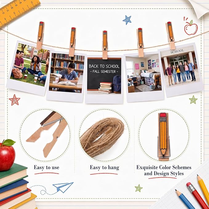 Mifoci 50 Pack Back to School Wooden Photo Clips with Twine, Pencil Shaped Clothespins for Classroom Decor, Student Work Display, Teacher Appreciation Gifts, Bulletin Board and Party Decorations