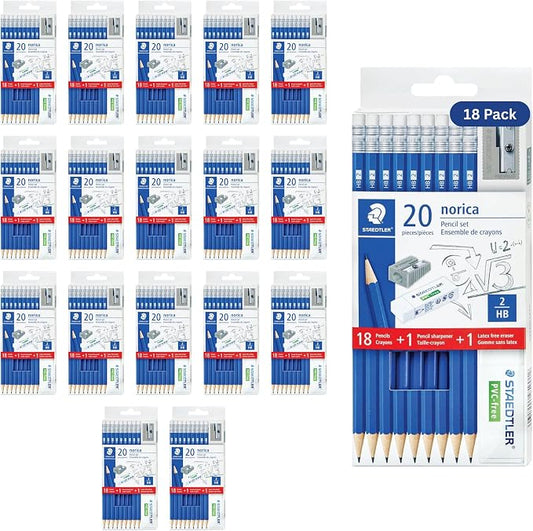 STAEDTLER Norica #2 HB Wood-Cased Pencil Set, 18 Pack, 324 Graphite Pencils | Pre Sharpened, 18 Sharpeners,18 Erasers, Break-Resistant Lead