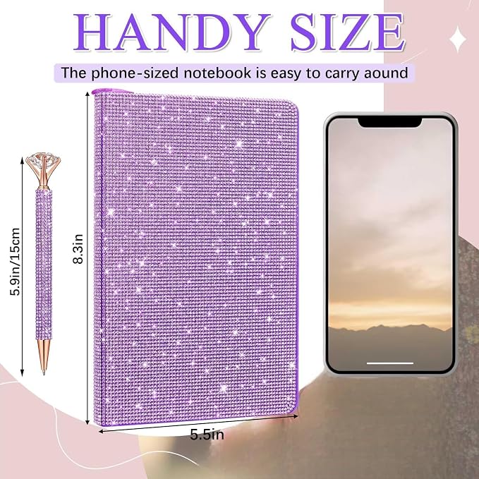 Rhinestone Pen & Glitter Notebook Set, Hard Cover Bling Diary Journal for Girls, Cute School Supplies for Back to School, Sparkly Desk Accessories Gift for Women(Rhinestone,A5,Purple)