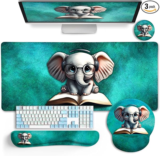 LIMKRIAN Large Desk Mat Set, Mouse Pad with Wrist Rest, Cute Elephant | Ergonomic Wrist Support Keyboard Mat, Coaster, Gaming Mouse Pad, Home Office Desk Accessories Decor Supplies for Women Gifts