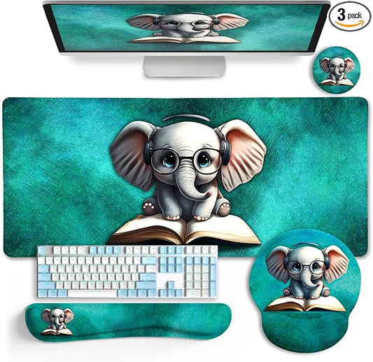 LIMKRIAN Large Desk Mat Set, Mouse Pad with Wrist Rest, Cute Elephant | Ergonomic Wrist Support Keyboard Mat, Coaster, Gaming Mouse Pad, Home Office Desk Accessories Decor Supplies for Women Gifts