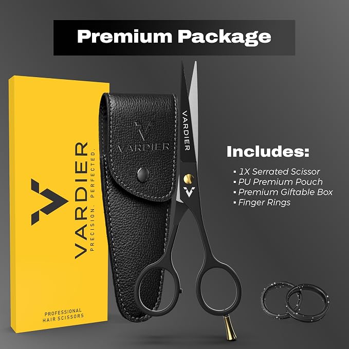 6.5” Hair Cutting Scissors – Professional Stainless Steel Barber Shears with Micro-Serrated Blades, No-Slip Precision Cut – Gift-Boxed with Leather Pouch for Salon & Home (Matte Black)