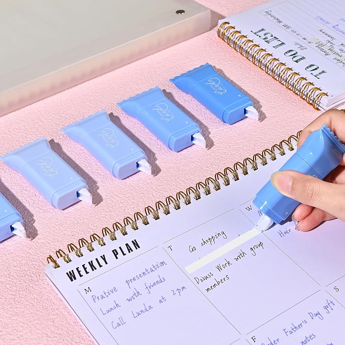 Temiary 6 Pcs White Correction Tapes, Cute White Smooth Pull Out Tape for Instant Corrections, Clean and Easy to Use Applicator for Office School Supplies (Blue)