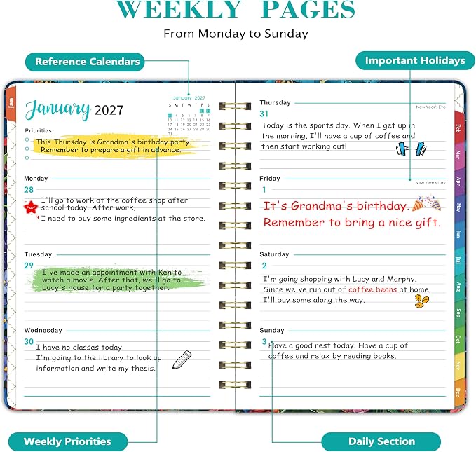 2027 Planner, 2027 Planner Weekly and Monthly, Jan 2027-Dec 2027, Hardcover | 12 Monthly Tabs,Elastic Closure,Twin-Wire Binding, Holiday Reminders, Back Pocket, Premium Paper,for School Office,6.5"x8.5"