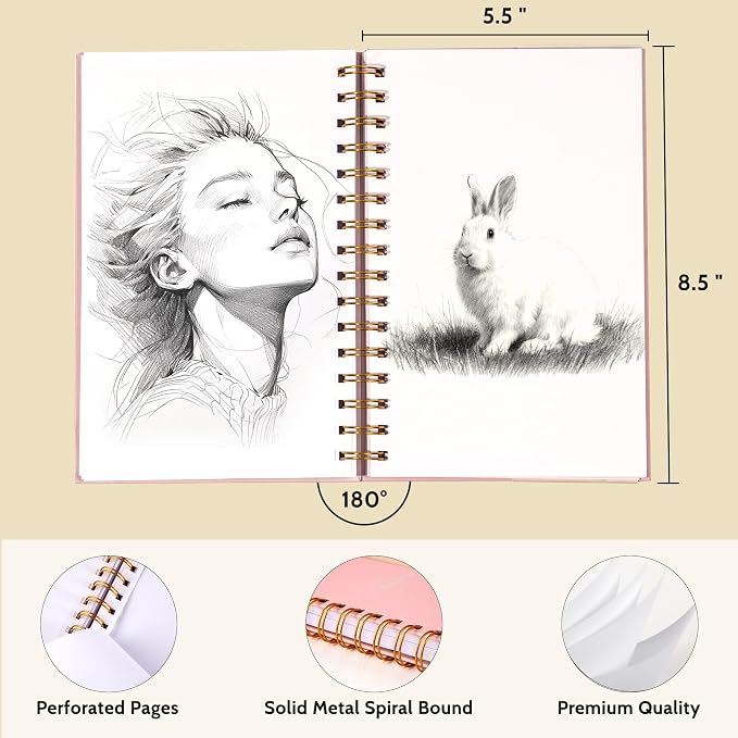 Yoment 5.5" x 8.5" Sketch Book Small Sketchbook for Drawing 100 Sheets Hardcover Spiral Sketch Pad for Kids(68lb/100gsm) Art Sketchbook Drawing Blank Paper Book for Beginner Artist with Pencil Pink