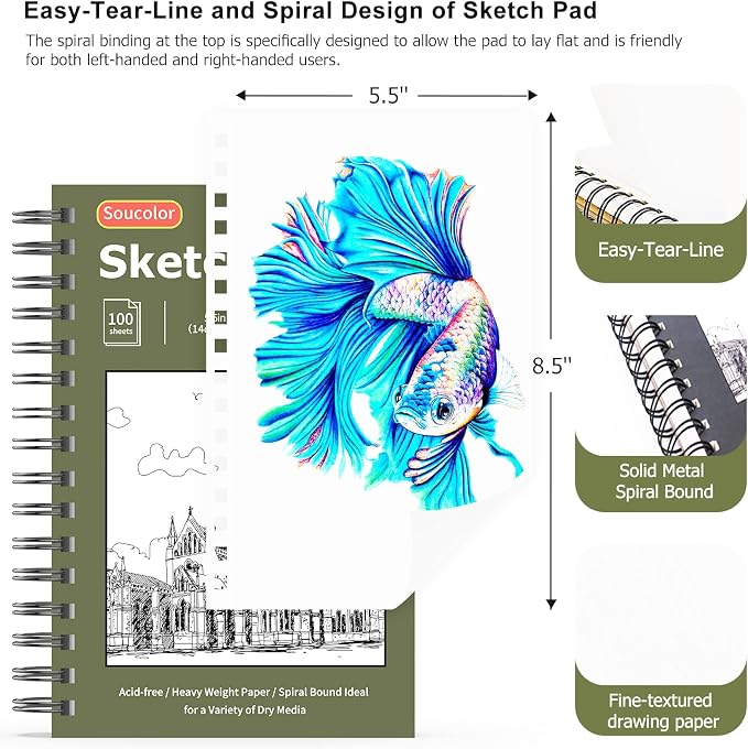 Soucolor Sketchbook 5.5" x 8.5", 2 Pack Mini Sketch Book | Spiral Bound Sketch Book with 200 Sheets 68lb/100gsm Acid-Free Paper, Drawing Notebook for Adults Kids Artists Art Supplies