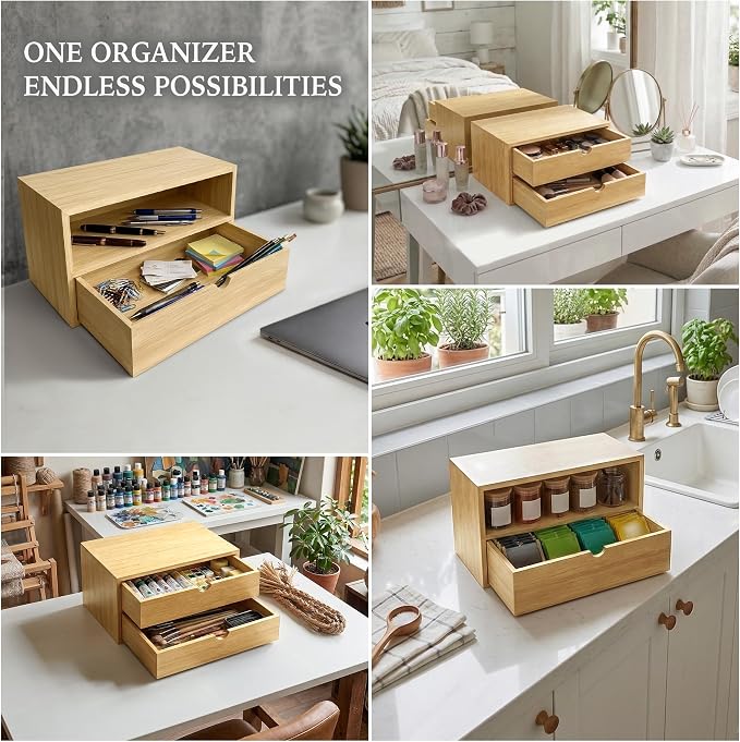 Bamboo Desk Organizer with 2 Drawers, Desktop Drawers Wooden Storage Box 13.4 x 7.1 x 7.5 Inches Countertop Organizer for Office Supplies, Solid Wood Tabletop Drawer No Assembly Required