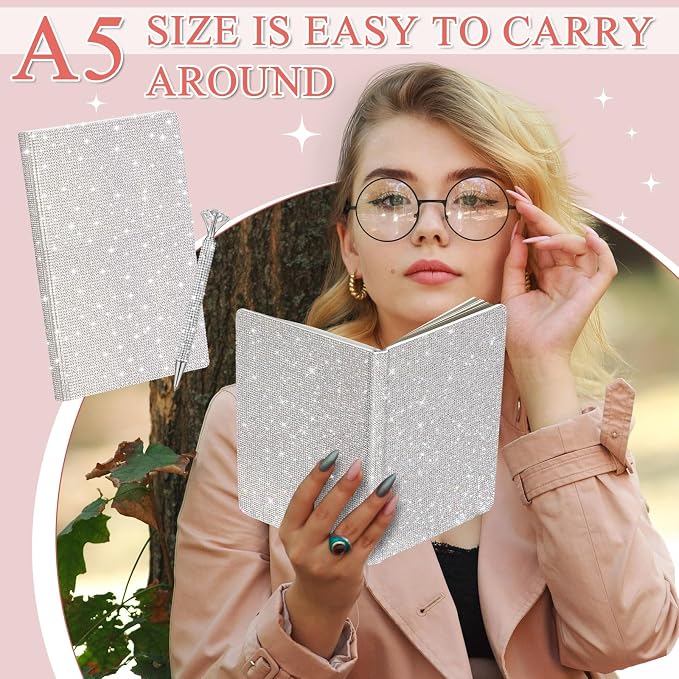 Resholder Rhinestone Pen & Glitter Notebook Set, Hard Cover Bling Diary Journal for Girls, Cute School Supplies for Back to School, Sparkly Desk Accessories Gift for Women(Rhinestone,A5,White)