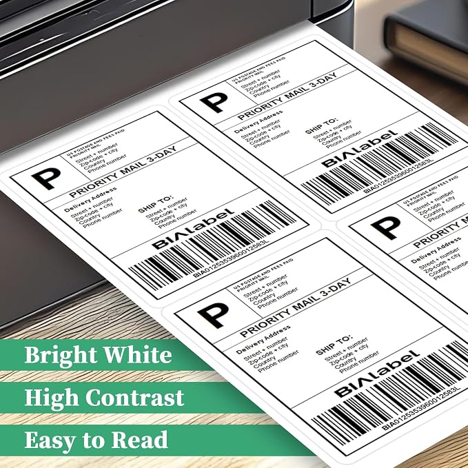 2000 Labels 4-Up 4" x 5'' Shipping Address Barcode Labels for Laser & Inkjet Printers, 500 Sheets, White, Permanent Adhesive, BIAlabel