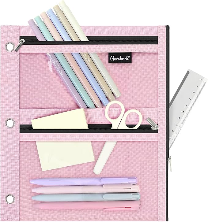 3 Ring Binder Pencil Pouch, 3-Pocket Zipper Pencil Case with Reinforced Grommets & Clear Window, Durable Pen Organizer for School Office Supplies Pink