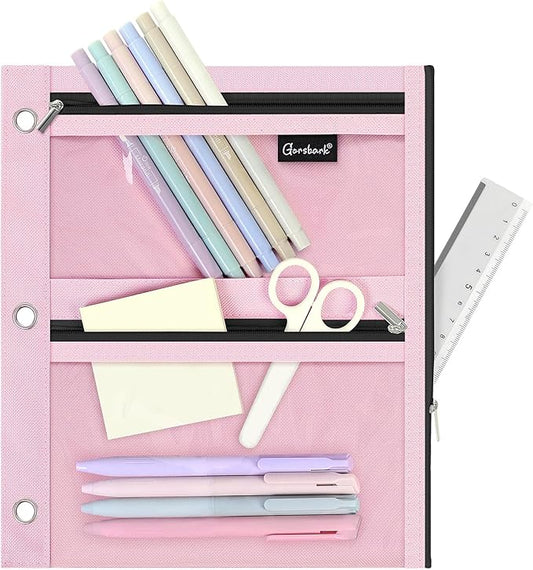 3 Ring Binder Pencil Pouch, 3-Pocket Zipper Pencil Case with Reinforced Grommets & Clear Window, Durable Pen Organizer for School Office Supplies Pink