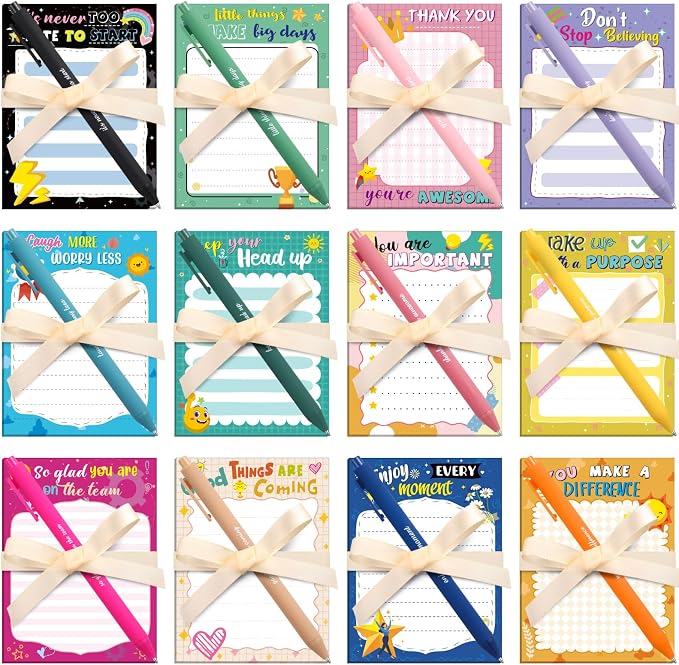 Eaasty 48 Pcs Cute Inspirational Notepads and Pens with Ribbon Bulk, Positive Affirmation Stationery Back to School Gifts for Students, Teachers, Classroom Rewards, Office Appreciation, Party Favors