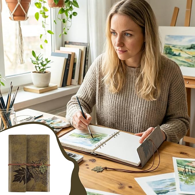 Vintage Watercolor Sketchbook, 140 Lb Cold Press Deckle Edge, 6.3 x 9 in | 24 Sheets, Brown Leather Cover, Ring Bound, Good Water Absorption, for Painting Drawing Mixed Media