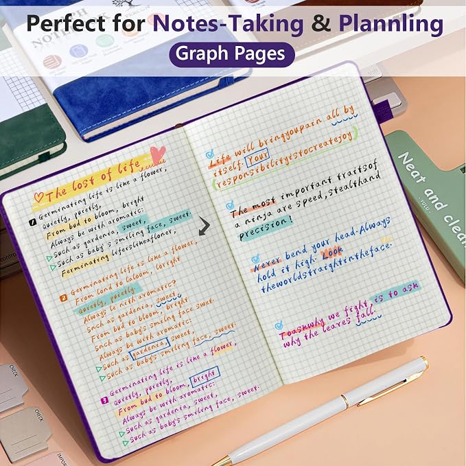 PERCUN A5 Graph Paper Notebook, Leather Journal, 160 Pages Grid Notebook | 5.9"x8.5" hardcover journal with quad ruled paper for work, school, writing, notes, journaling and daily planning.