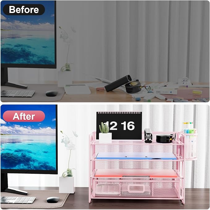 Marbrasse Desk Organizer and Accessories, 4-Tier Paper File Letter Tray Accessories & Workspace Desk Organizers with Drawer and 2 Pen Holders for School Home Office Supplies(Pink)-2P