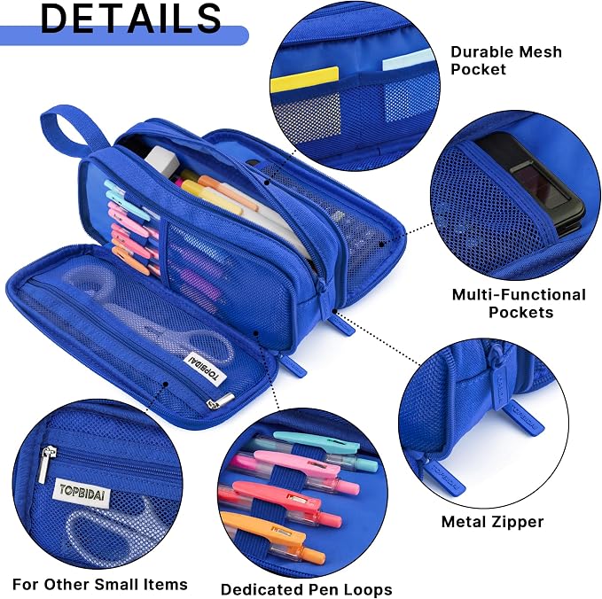TOPBIDAI Large Pencil Case Pouch for Girls Boy Women Men Adults | Big Capacity Canvas Pencil Bag, Office School Supplies, Multi Compartment Zipper Stationery Pen Box (Dark Blue)