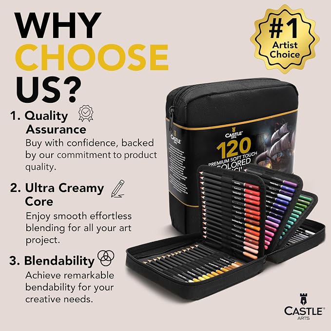 Castle Art Supplies 120 Coloring Pencils Zipper-Case Set | Premium Quality Soft Core Colored Leads for Adult Artists, Professionals and Colourists | In Neat, Strong Carry-Anywhere Zipper Pouch