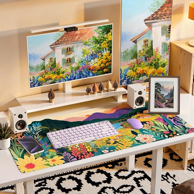 iCasso Large Gaming Mouse Pad (35"x16") - Waterproof Desk Mat with Non-Slip Rubber Base & Stitched Edges - Extended Keyboard Mousepad for Computer, PC, Office, Home Workspace (Oil Painting)