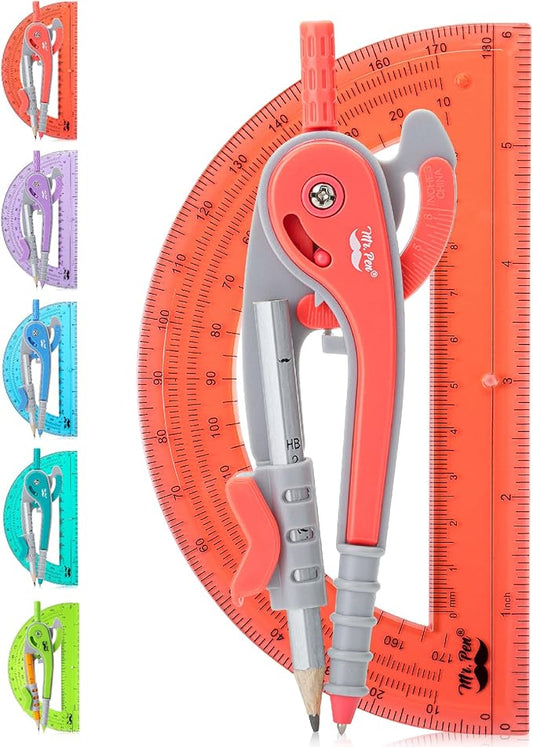 Mr. Pen- Geometry Compass and Protractor Set, 6 Inch Compass | 6 Inch Protractor, Drawing Tool for School, Clear Plastic, Easy Grip, Precision Design for Math, Art, Drafting, Architecture
