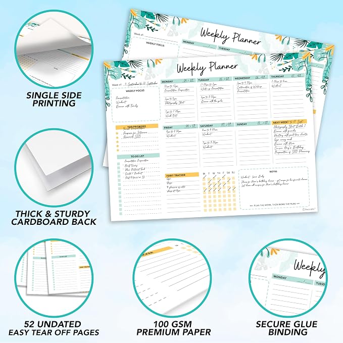 Decorably 52 Sheets Colorful Pastel Weekly to Do List Notepad - 11x8.5" Spring-Bound Planner Pad, Easy Tear-Off for Priorities, Habit Tracker, Focus & Notes - Home, School, Office