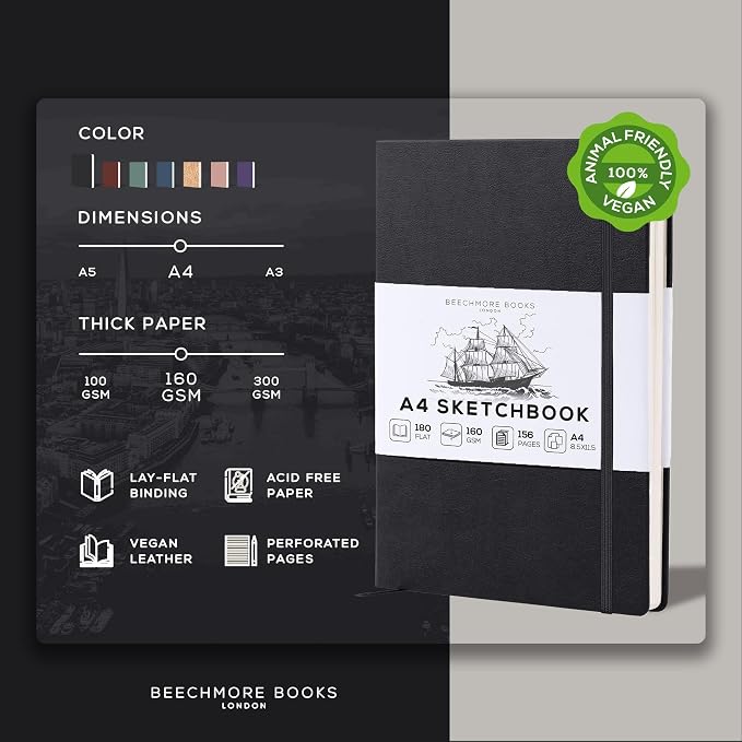 Beechmore Books A4 Mixed Media Sketchbook - 8.5"x11" Hardcover Lay-Flat Art Journal, 160 GSM / 98 lb Professional Ivory Paper, 156 Perforated Pages, Gift Box, Ink, Drawing and Light Watercolor