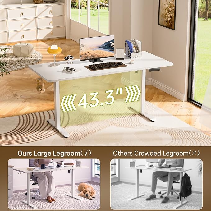 Veken 63×27.6 Inch Large Electric Standing Desk, Gaming Table, White | Height Adjustable Sit Stand Up Computer Tables for Home Office, Study , Writing, Suit students, employees and group work
