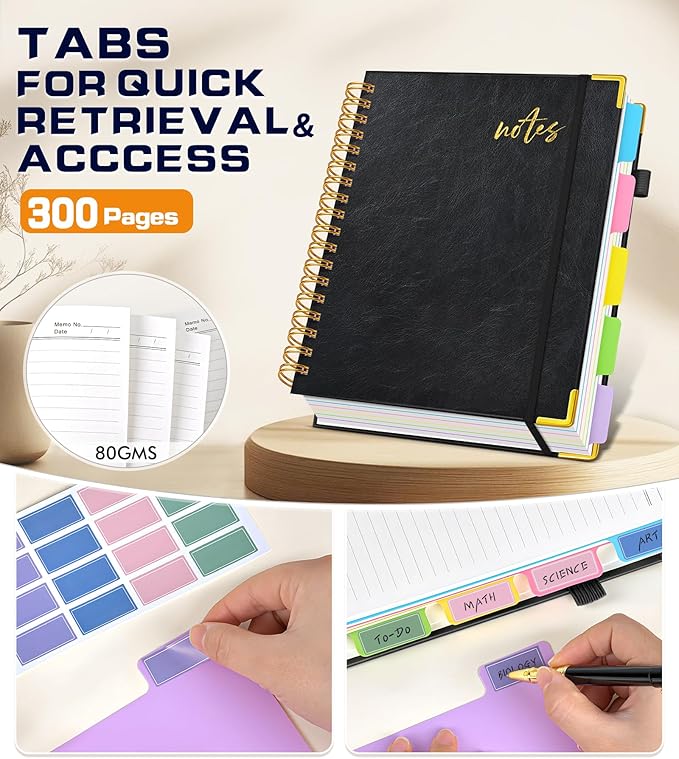 5 Subject Spiral Notebook Journal with Removable Dividers Tabs, 300 Pages Organizer Notebooks for Work School, A5 Hardcover Leather Notebook College Ruled, Lined Journal for Women Men，Black