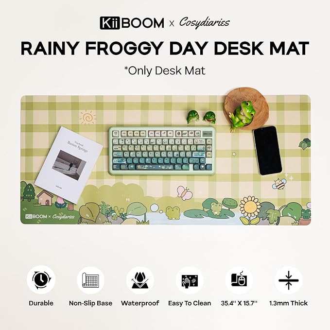 KiiBOOM X Cosydiaries Rainy Froggy Day Desk Mat, Non-Slip, 35.4’’ x 15.7’’ | Large Gaming & Office Mouse Pad for Keyboard/Mouse/Laptop, PU Leather, Durable & Waterproof