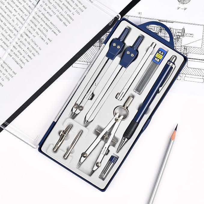 Unjoo 9Pcs Precision Geometry Set Metal Compass,Geometry Tool Set (Blue) | Shatterproof Storage Box, Circle Drafting Tool and Architecture, Drafting Kits for Engineers Students