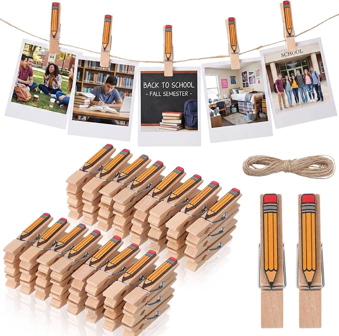 Mifoci 50 Pack Back to School Wooden Photo Clips with Twine, Pencil Shaped Clothespins for Classroom Decor, Student Work Display, Teacher Appreciation Gifts, Bulletin Board and Party Decorations