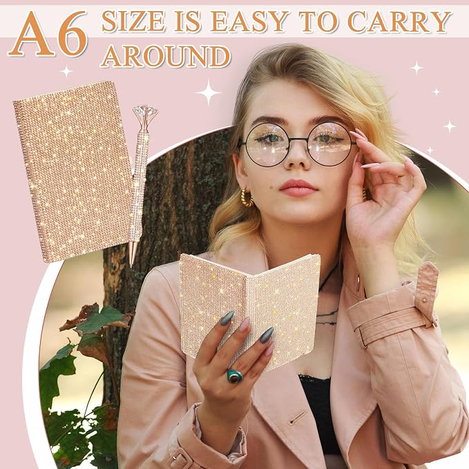 Rhinestone Pen & Glitter Notebook Set, Hard Cover Bling Diary Journal for Girls, Cute School Supplies for Back to School, Sparkly Desk Accessories Gift for Women(Rhinestone,A6,Rose Gold)